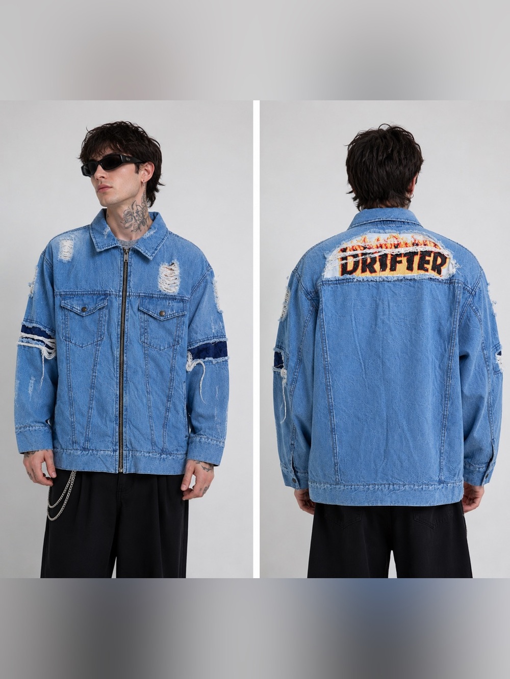 Drifter unisex Light Wash distressed Denim Jacket with 'DRIFT” patch size L